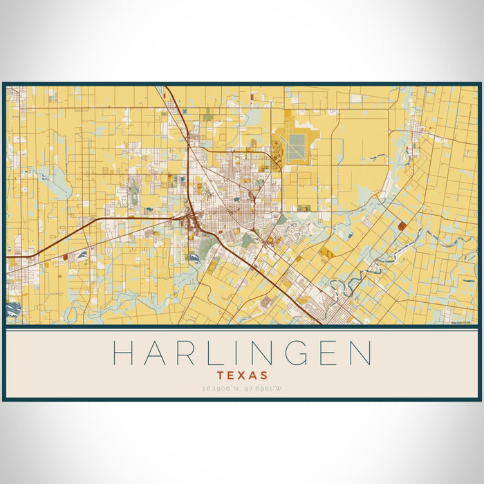 Harlingen Texas Map Print Landscape Orientation in Woodblock Style With Shaded Background