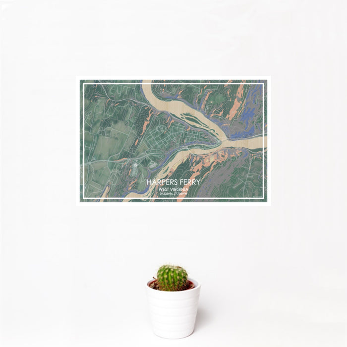 12x18 Harpers Ferry West Virginia Map Print Landscape Orientation in Afternoon Style With Small Cactus Plant in White Planter