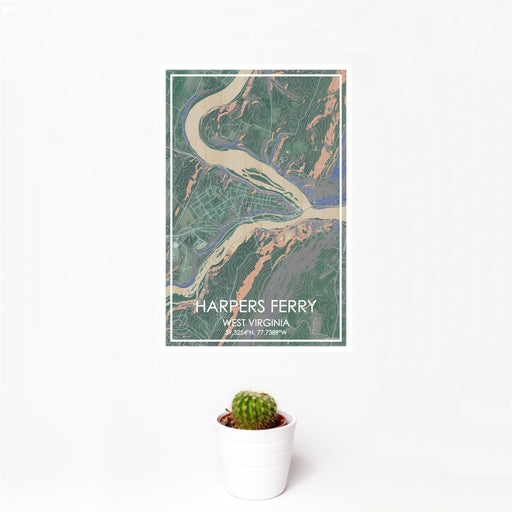 12x18 Harpers Ferry West Virginia Map Print Portrait Orientation in Afternoon Style With Small Cactus Plant in White Planter