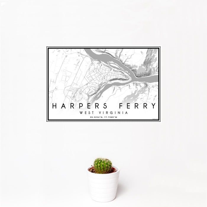 12x18 Harpers Ferry West Virginia Map Print Landscape Orientation in Classic Style With Small Cactus Plant in White Planter
