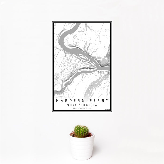 12x18 Harpers Ferry West Virginia Map Print Portrait Orientation in Classic Style With Small Cactus Plant in White Planter