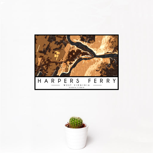 12x18 Harpers Ferry West Virginia Map Print Landscape Orientation in Ember Style With Small Cactus Plant in White Planter