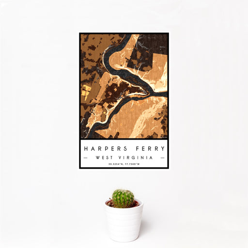 12x18 Harpers Ferry West Virginia Map Print Portrait Orientation in Ember Style With Small Cactus Plant in White Planter