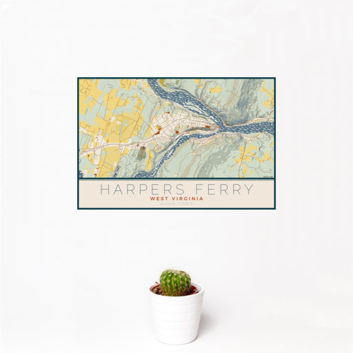 12x18 Harpers Ferry West Virginia Map Print Landscape Orientation in Woodblock Style With Small Cactus Plant in White Planter