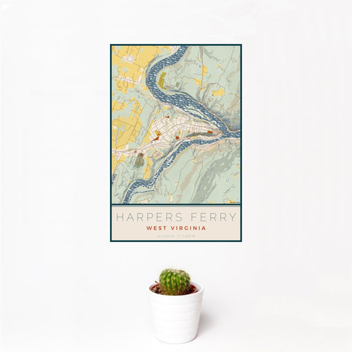 12x18 Harpers Ferry West Virginia Map Print Portrait Orientation in Woodblock Style With Small Cactus Plant in White Planter