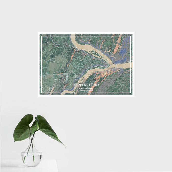 16x24 Harpers Ferry West Virginia Map Print Landscape Orientation in Afternoon Style With Tropical Plant Leaves in Water