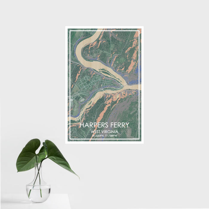 16x24 Harpers Ferry West Virginia Map Print Portrait Orientation in Afternoon Style With Tropical Plant Leaves in Water