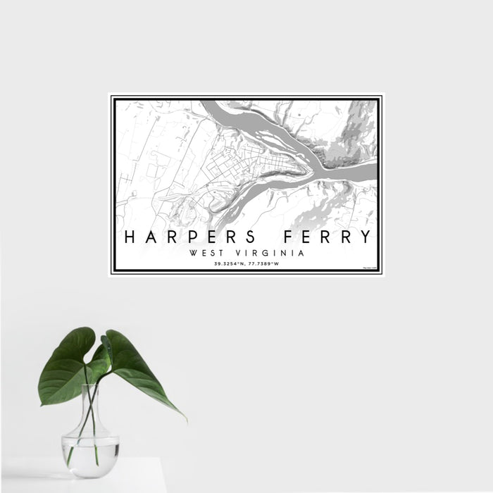 16x24 Harpers Ferry West Virginia Map Print Landscape Orientation in Classic Style With Tropical Plant Leaves in Water