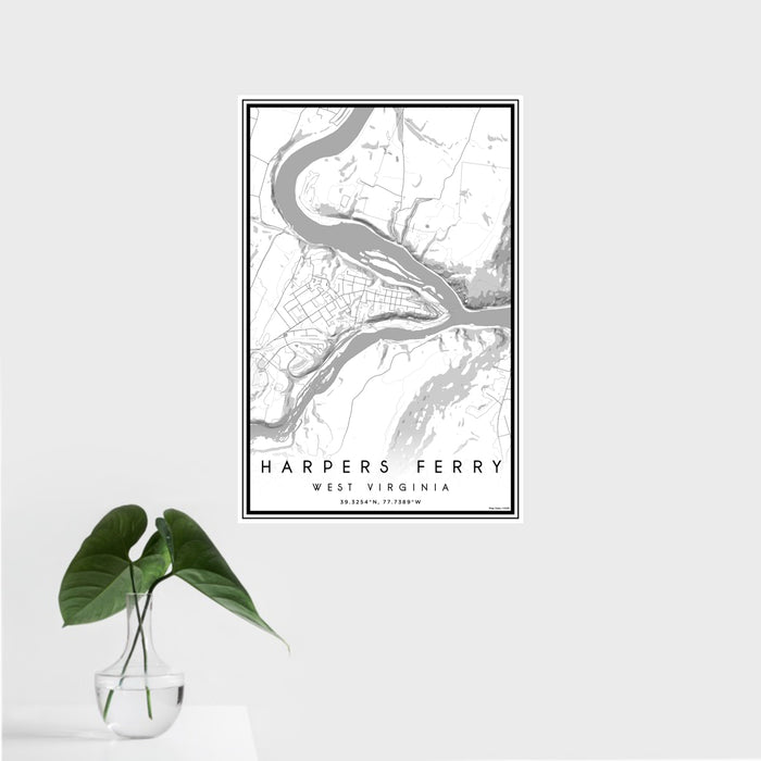 16x24 Harpers Ferry West Virginia Map Print Portrait Orientation in Classic Style With Tropical Plant Leaves in Water