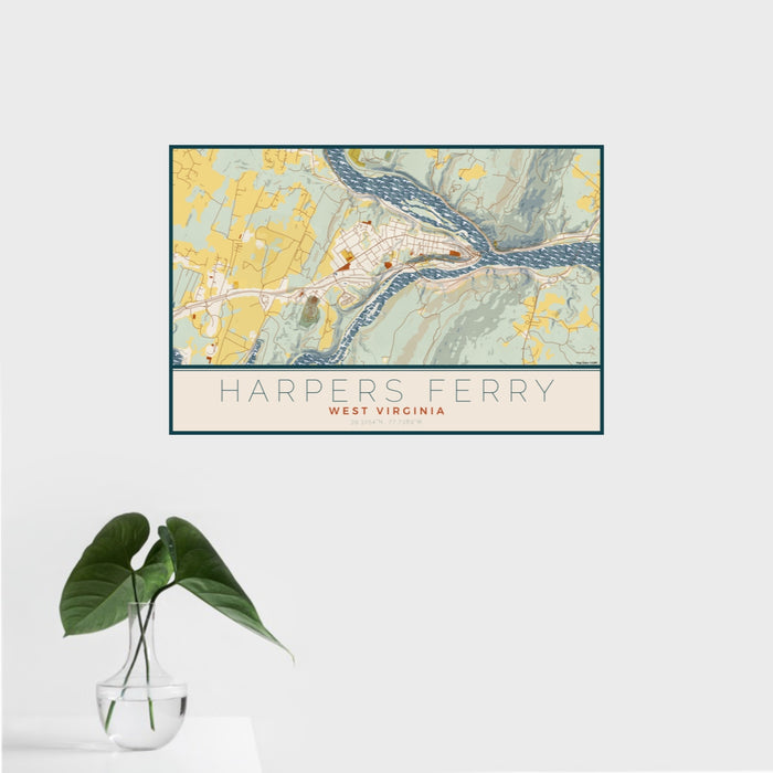 16x24 Harpers Ferry West Virginia Map Print Landscape Orientation in Woodblock Style With Tropical Plant Leaves in Water