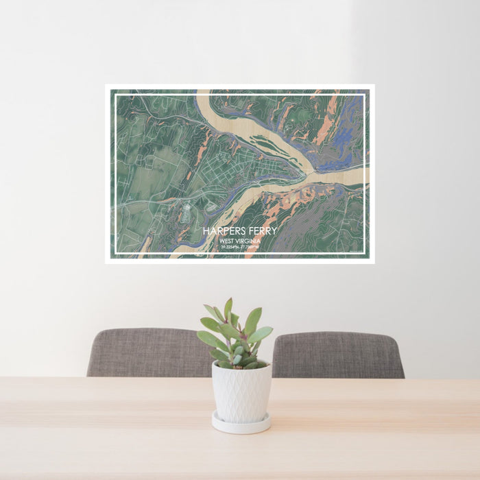 24x36 Harpers Ferry West Virginia Map Print Lanscape Orientation in Afternoon Style Behind 2 Chairs Table and Potted Plant