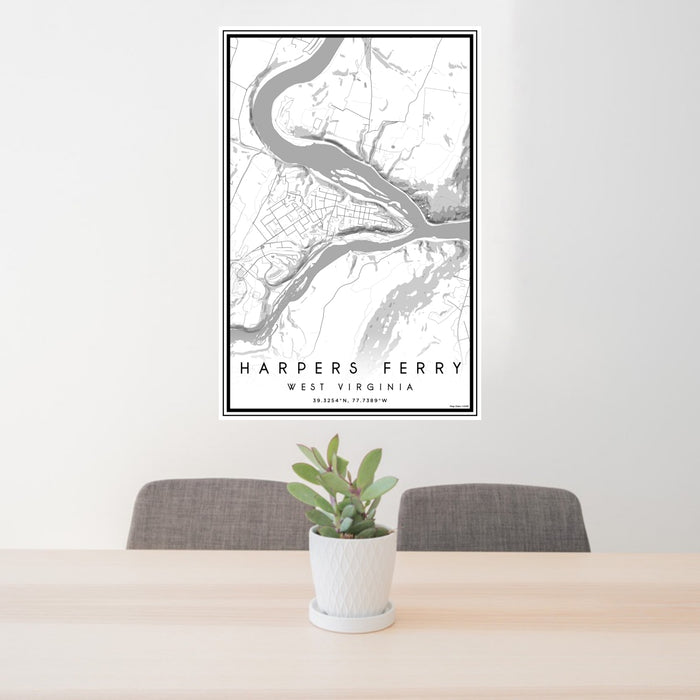 24x36 Harpers Ferry West Virginia Map Print Portrait Orientation in Classic Style Behind 2 Chairs Table and Potted Plant
