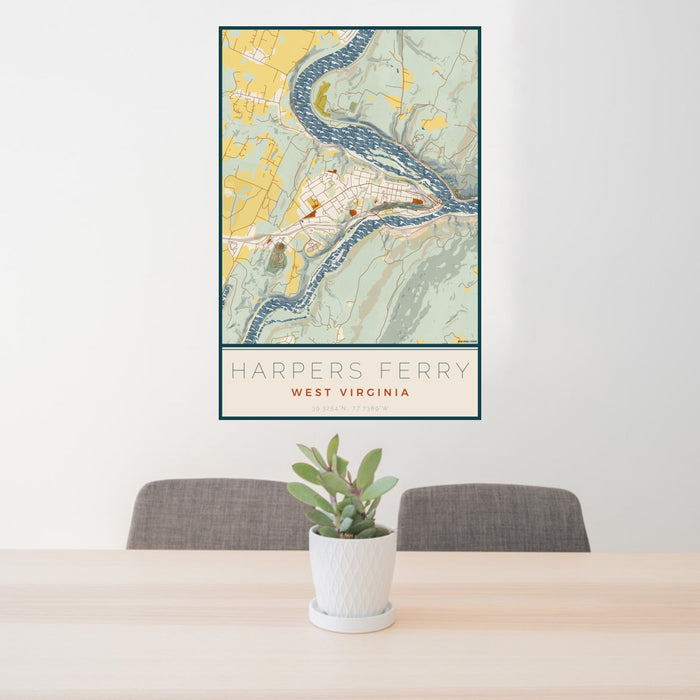 24x36 Harpers Ferry West Virginia Map Print Portrait Orientation in Woodblock Style Behind 2 Chairs Table and Potted Plant