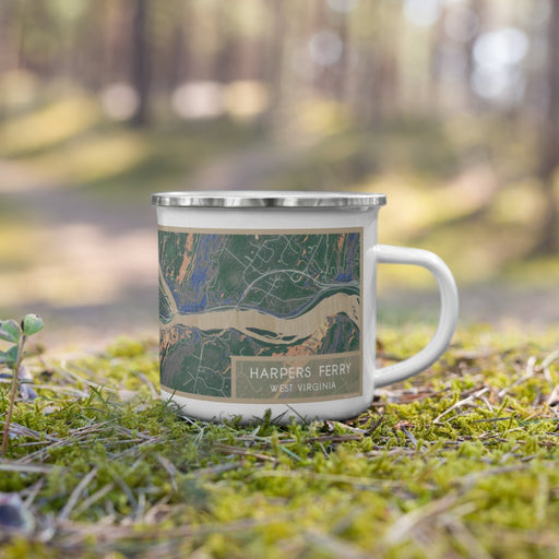 Right View Custom Harpers Ferry West Virginia Map Enamel Mug in Afternoon on Grass With Trees in Background