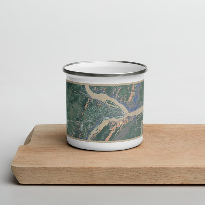 Front View Custom Harpers Ferry West Virginia Map Enamel Mug in Afternoon on Cutting Board
