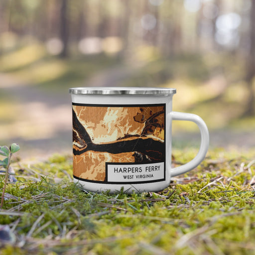 Right View Custom Harpers Ferry West Virginia Map Enamel Mug in Ember on Grass With Trees in Background
