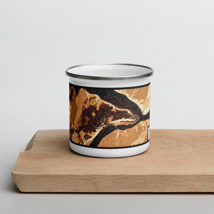 Front View Custom Harpers Ferry West Virginia Map Enamel Mug in Ember on Cutting Board