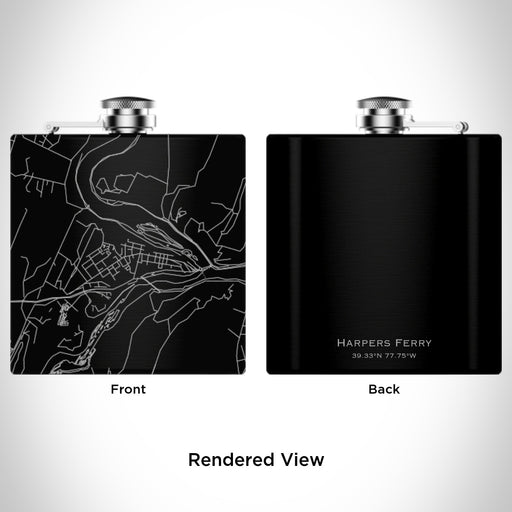 Rendered View of Harpers Ferry West Virginia Map Engraving on 6oz Stainless Steel Flask in Black