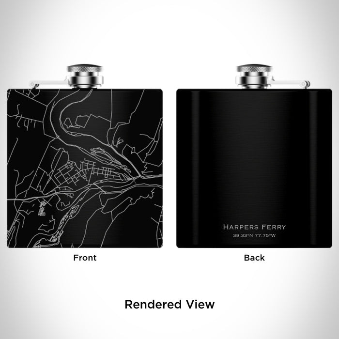 Rendered View of Harpers Ferry West Virginia Map Engraving on 6oz Stainless Steel Flask in Black