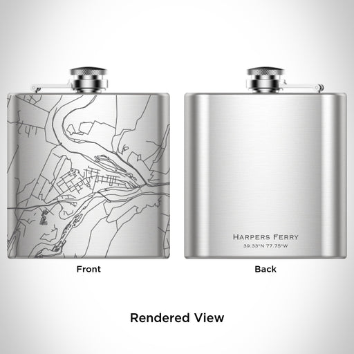 Rendered View of Harpers Ferry West Virginia Map Engraving on 6oz Stainless Steel Flask