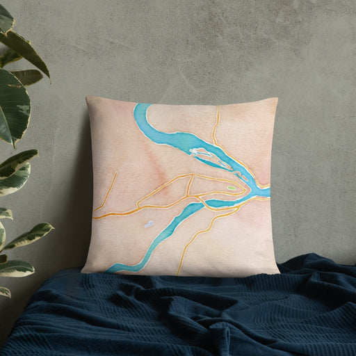 Custom Harpers Ferry West Virginia Map Throw Pillow in Watercolor on Bedding Against Wall