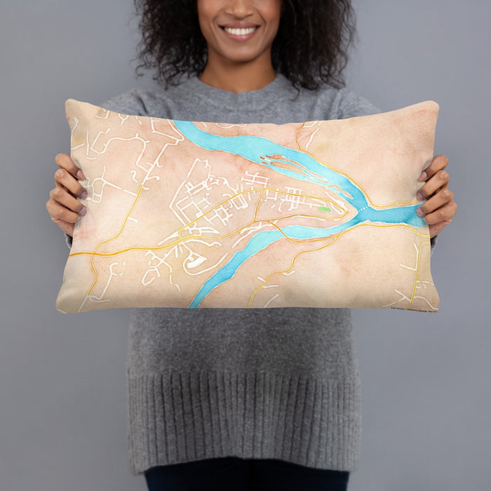 Person holding 20x12 Custom Harpers Ferry West Virginia Map Throw Pillow in Watercolor