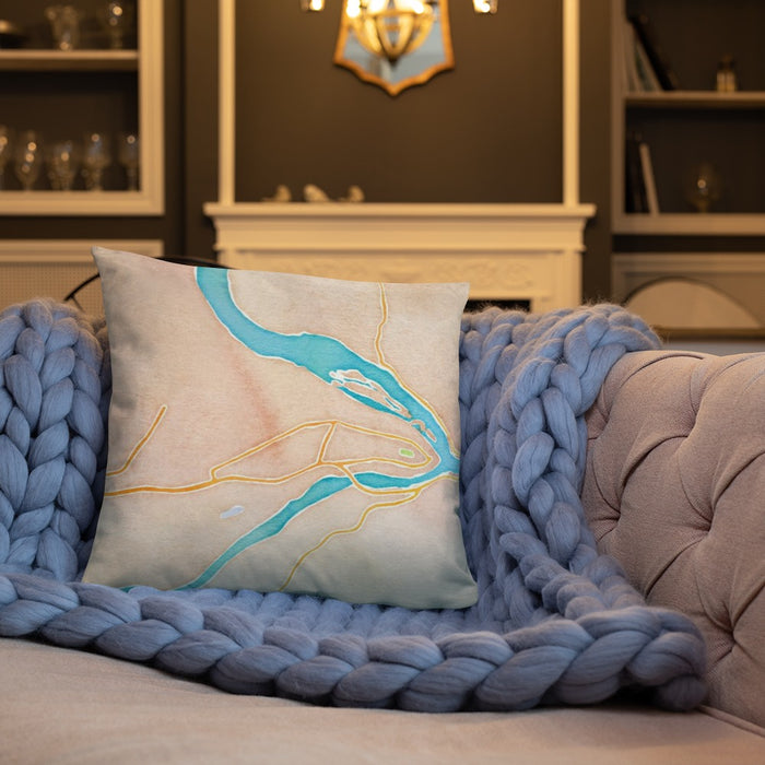Custom Harpers Ferry West Virginia Map Throw Pillow in Watercolor on Cream Colored Couch