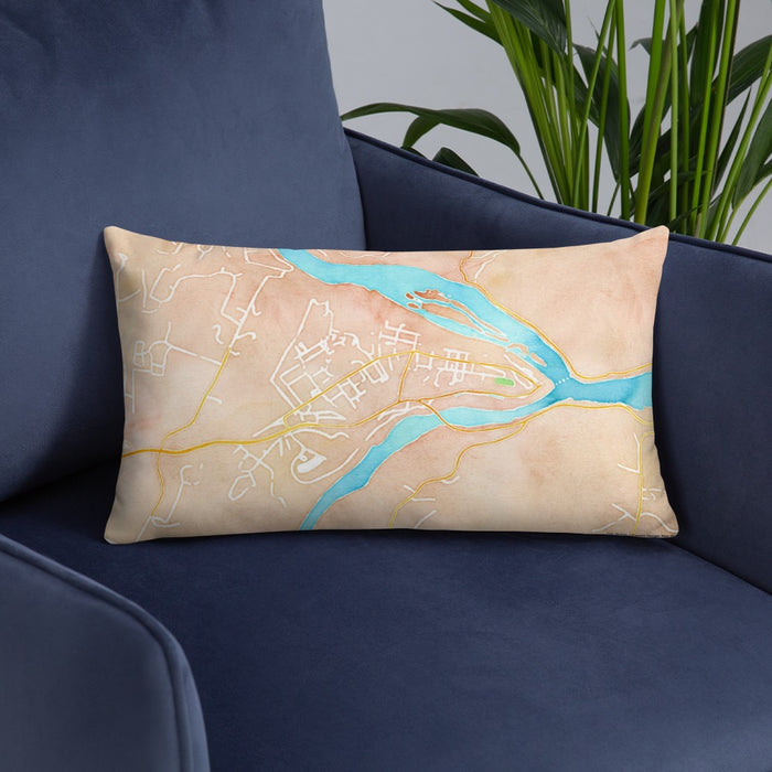 Custom Harpers Ferry West Virginia Map Throw Pillow in Watercolor on Blue Colored Chair
