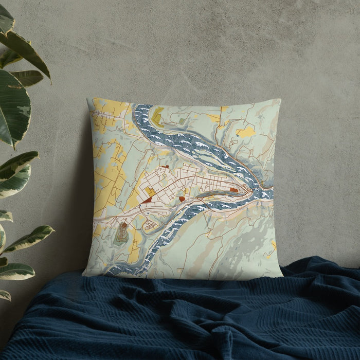 Custom Harpers Ferry West Virginia Map Throw Pillow in Woodblock on Bedding Against Wall