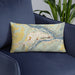 Custom Harpers Ferry West Virginia Map Throw Pillow in Woodblock on Blue Colored Chair