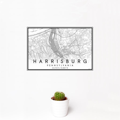 12x18 Harrisburg Pennsylvania Map Print Landscape Orientation in Classic Style With Small Cactus Plant in White Planter