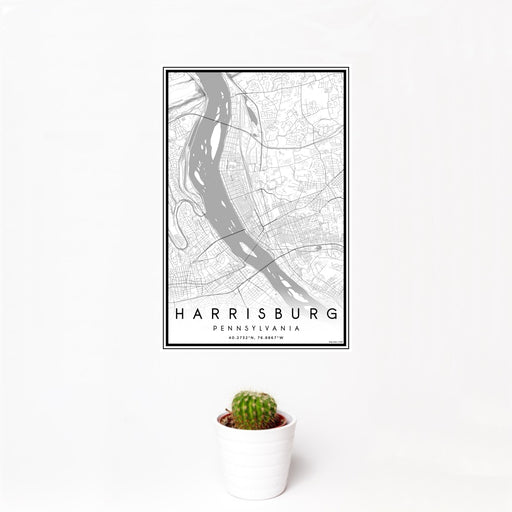 12x18 Harrisburg Pennsylvania Map Print Portrait Orientation in Classic Style With Small Cactus Plant in White Planter