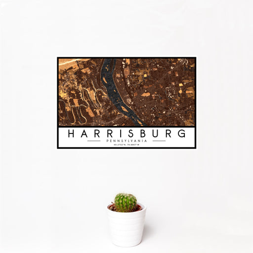 12x18 Harrisburg Pennsylvania Map Print Landscape Orientation in Ember Style With Small Cactus Plant in White Planter