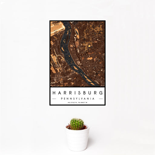 12x18 Harrisburg Pennsylvania Map Print Portrait Orientation in Ember Style With Small Cactus Plant in White Planter