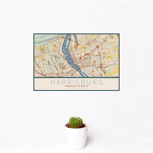 12x18 Harrisburg Pennsylvania Map Print Landscape Orientation in Woodblock Style With Small Cactus Plant in White Planter