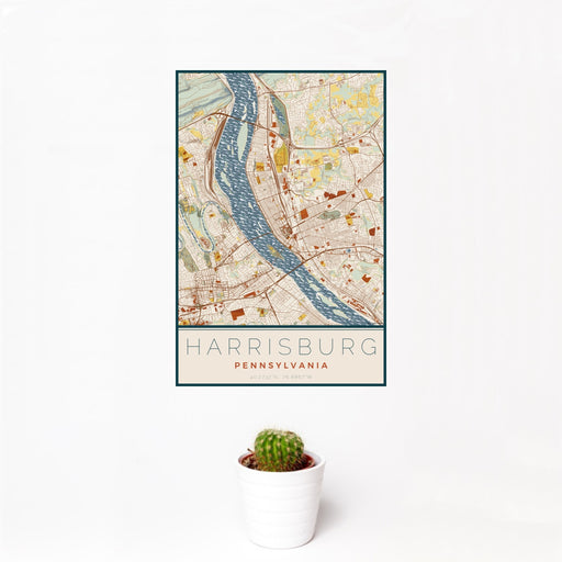 12x18 Harrisburg Pennsylvania Map Print Portrait Orientation in Woodblock Style With Small Cactus Plant in White Planter