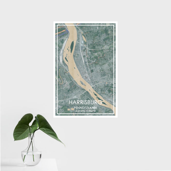 16x24 Harrisburg Pennsylvania Map Print Portrait Orientation in Afternoon Style With Tropical Plant Leaves in Water