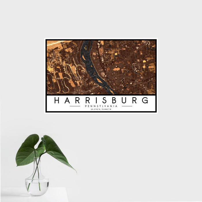 16x24 Harrisburg Pennsylvania Map Print Landscape Orientation in Ember Style With Tropical Plant Leaves in Water