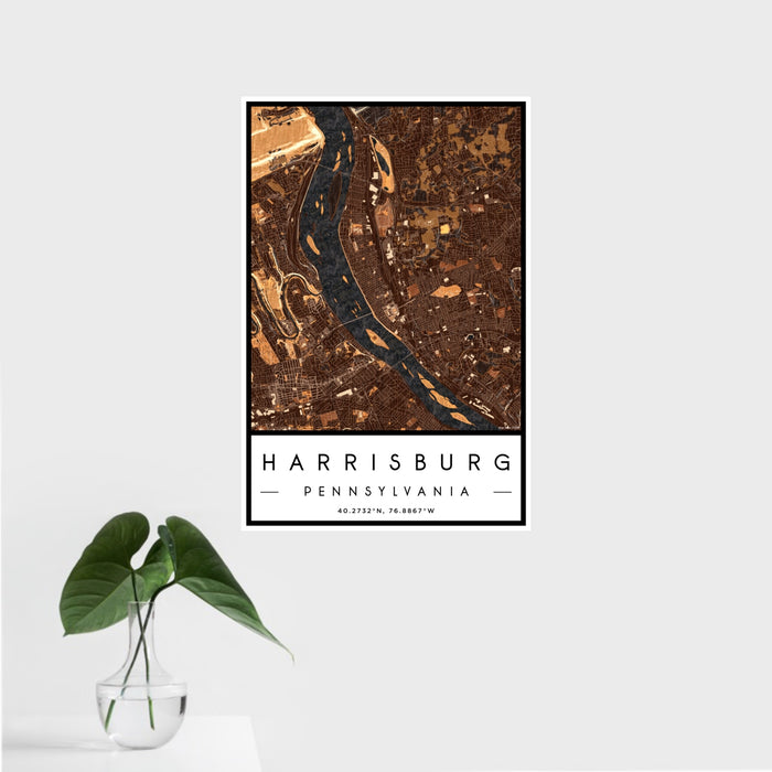 16x24 Harrisburg Pennsylvania Map Print Portrait Orientation in Ember Style With Tropical Plant Leaves in Water