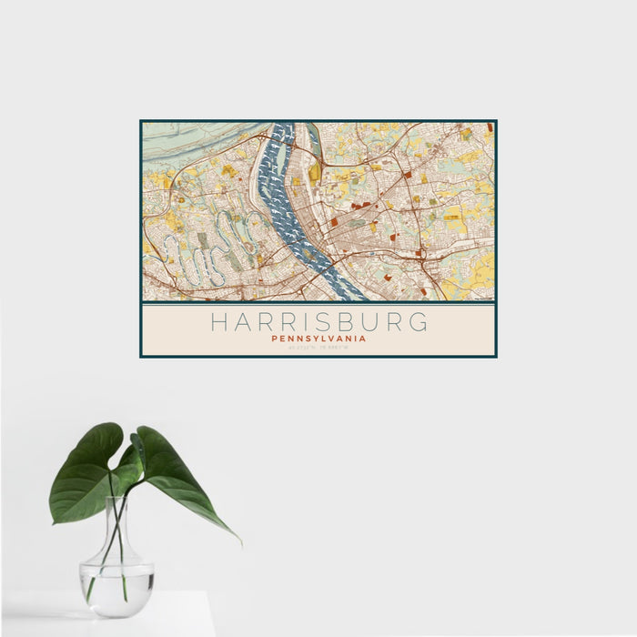 16x24 Harrisburg Pennsylvania Map Print Landscape Orientation in Woodblock Style With Tropical Plant Leaves in Water