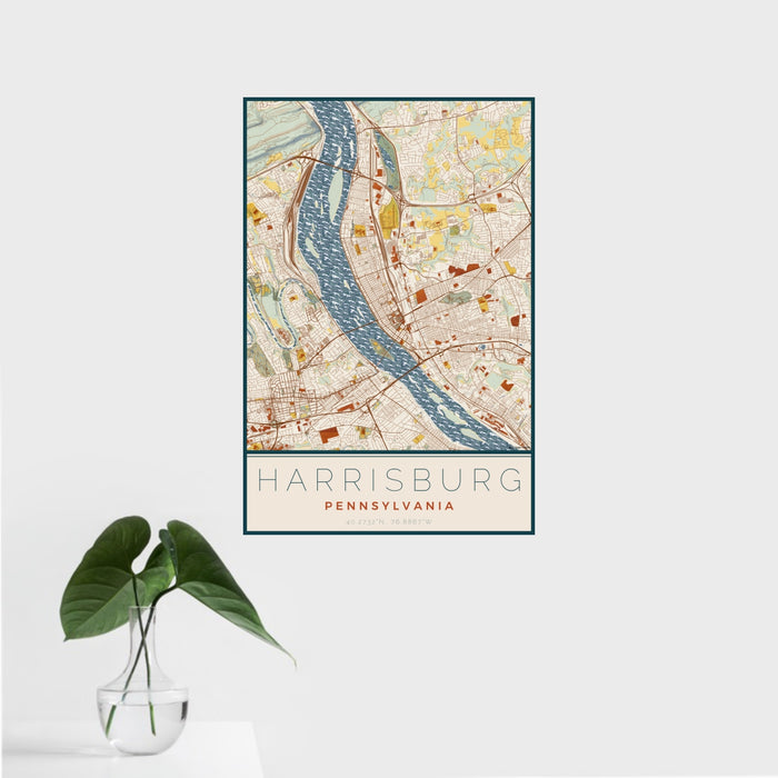 16x24 Harrisburg Pennsylvania Map Print Portrait Orientation in Woodblock Style With Tropical Plant Leaves in Water