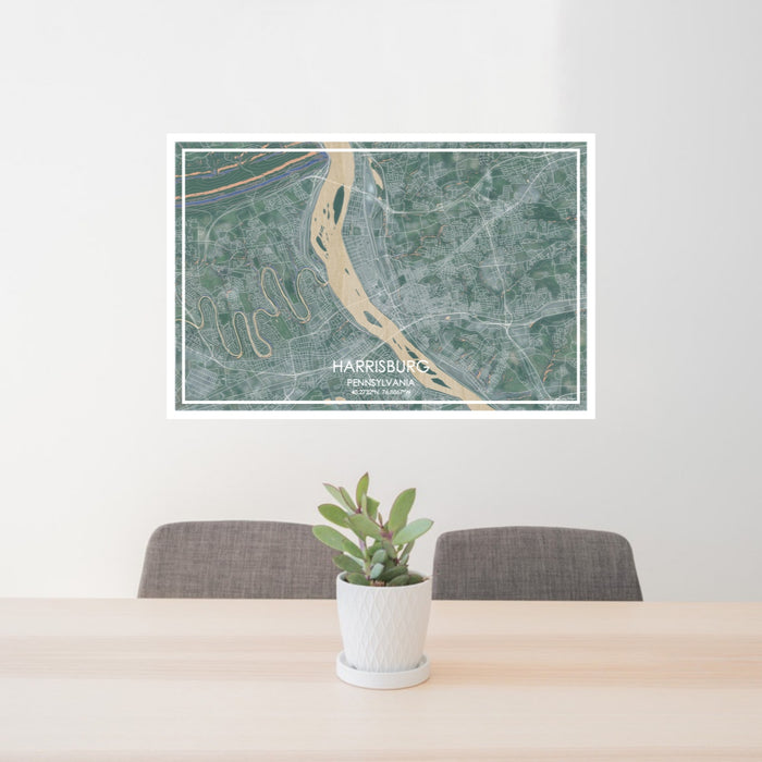 24x36 Harrisburg Pennsylvania Map Print Lanscape Orientation in Afternoon Style Behind 2 Chairs Table and Potted Plant