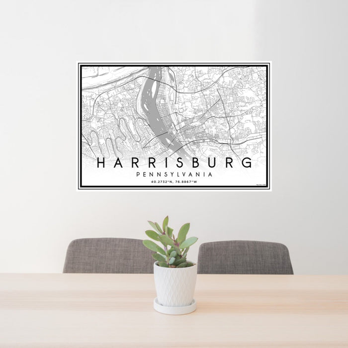 24x36 Harrisburg Pennsylvania Map Print Lanscape Orientation in Classic Style Behind 2 Chairs Table and Potted Plant