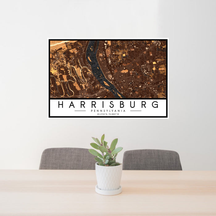 24x36 Harrisburg Pennsylvania Map Print Lanscape Orientation in Ember Style Behind 2 Chairs Table and Potted Plant