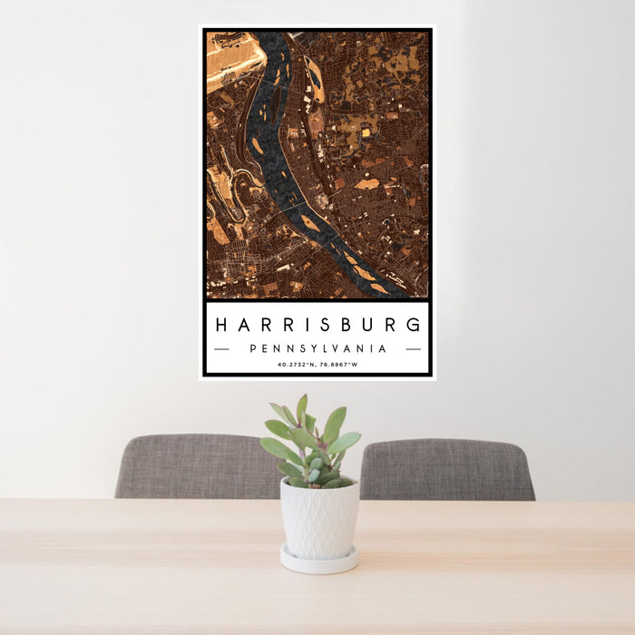 24x36 Harrisburg Pennsylvania Map Print Portrait Orientation in Ember Style Behind 2 Chairs Table and Potted Plant