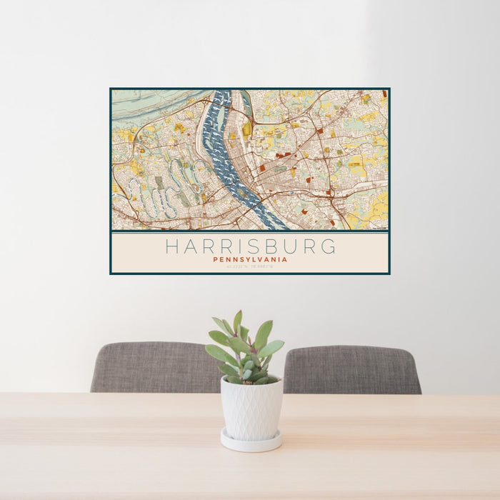 24x36 Harrisburg Pennsylvania Map Print Lanscape Orientation in Woodblock Style Behind 2 Chairs Table and Potted Plant
