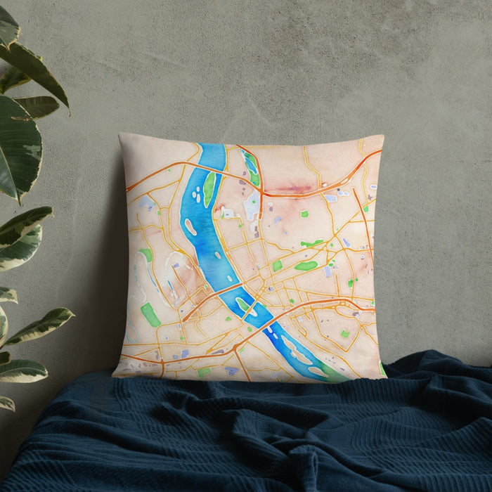Custom Harrisburg Pennsylvania Map Throw Pillow in Watercolor on Bedding Against Wall