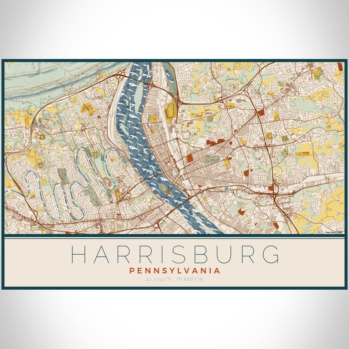 Harrisburg Pennsylvania Map Print Landscape Orientation in Woodblock Style With Shaded Background