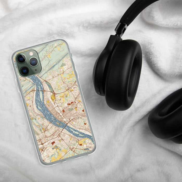 Custom Harrisburg Pennsylvania Map Phone Case in Woodblock on Table with Black Headphones
