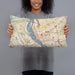 Person holding 20x12 Custom Harrisburg Pennsylvania Map Throw Pillow in Woodblock